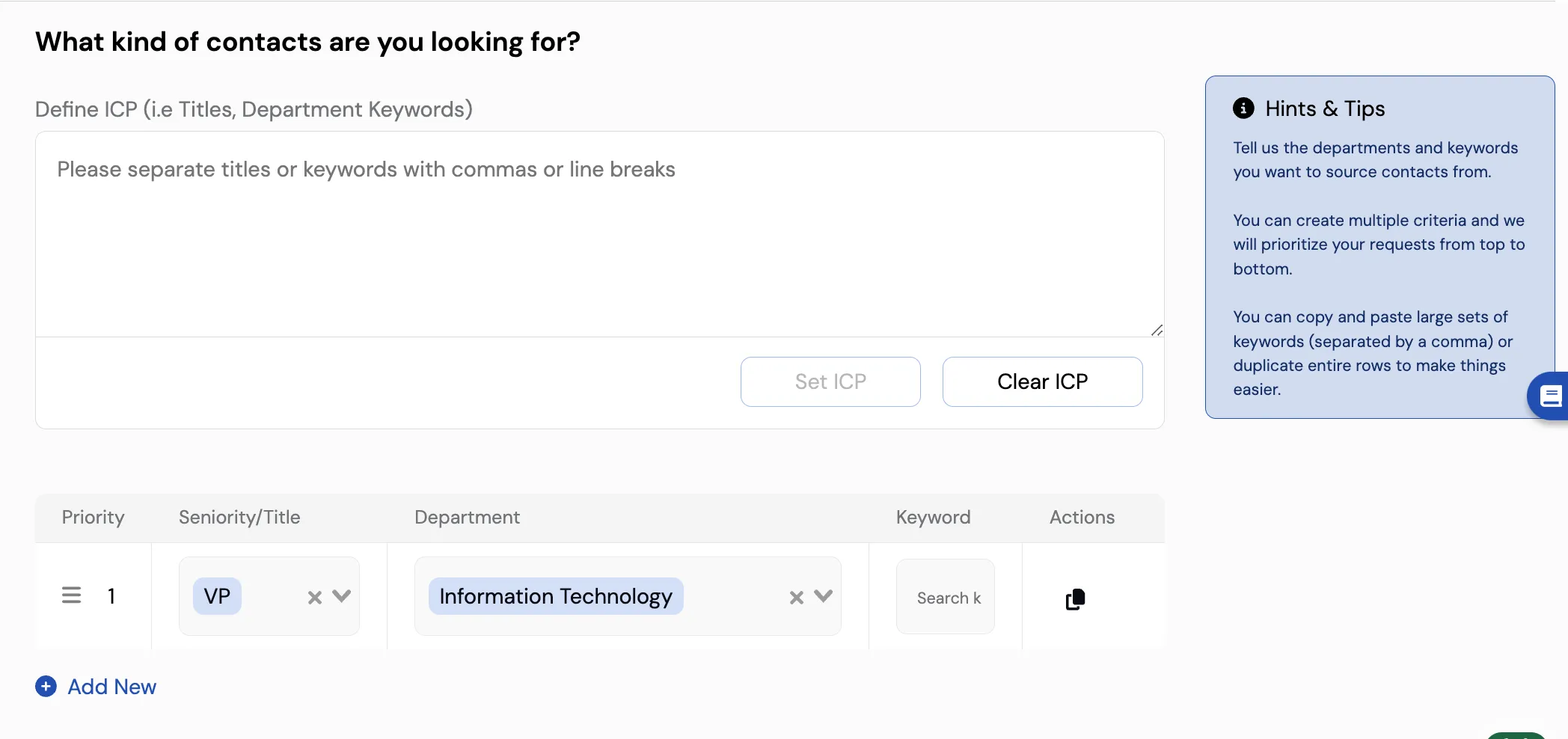 LeadGenius contact criteria step: define your ICP and set priority by seniority, department and keyword