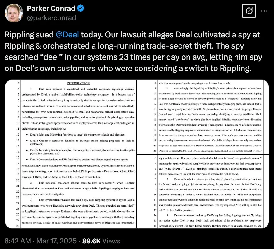 Parker Conrad’s post on X announcing Rippling’s lawsuit alleging Deel planted a spy, with pages of the court filing