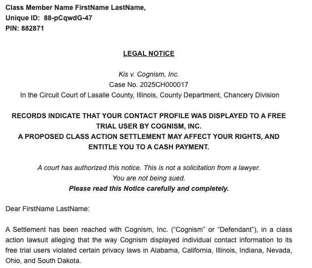 Class action legal notice for Kis v. Cognism, telling people their contact profile was shown to Cognism free trial users