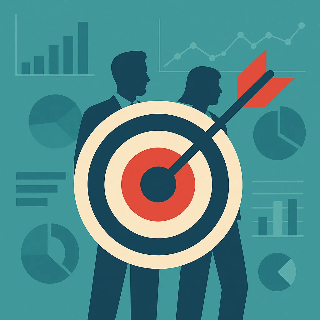 Illustration of two business people behind a target with an arrow in the bullseye, among charts