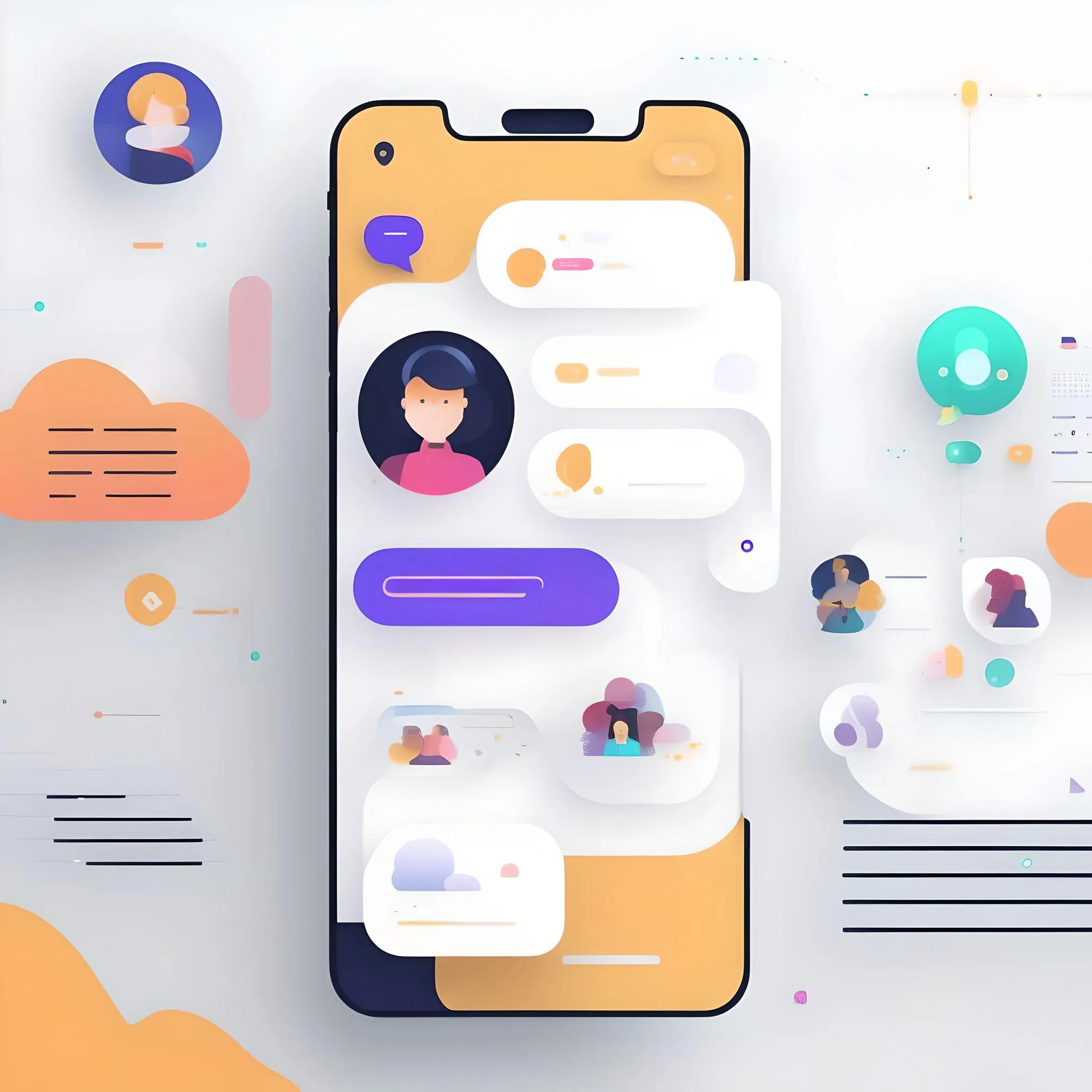 Illustration of a phone app with profiles and message bubbles, suggesting real-time data from social and web sources