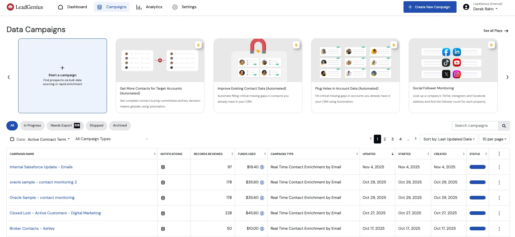 LeadGenius Data Campaigns dashboard with campaign plays and a table of campaigns, records reviewed and funds used