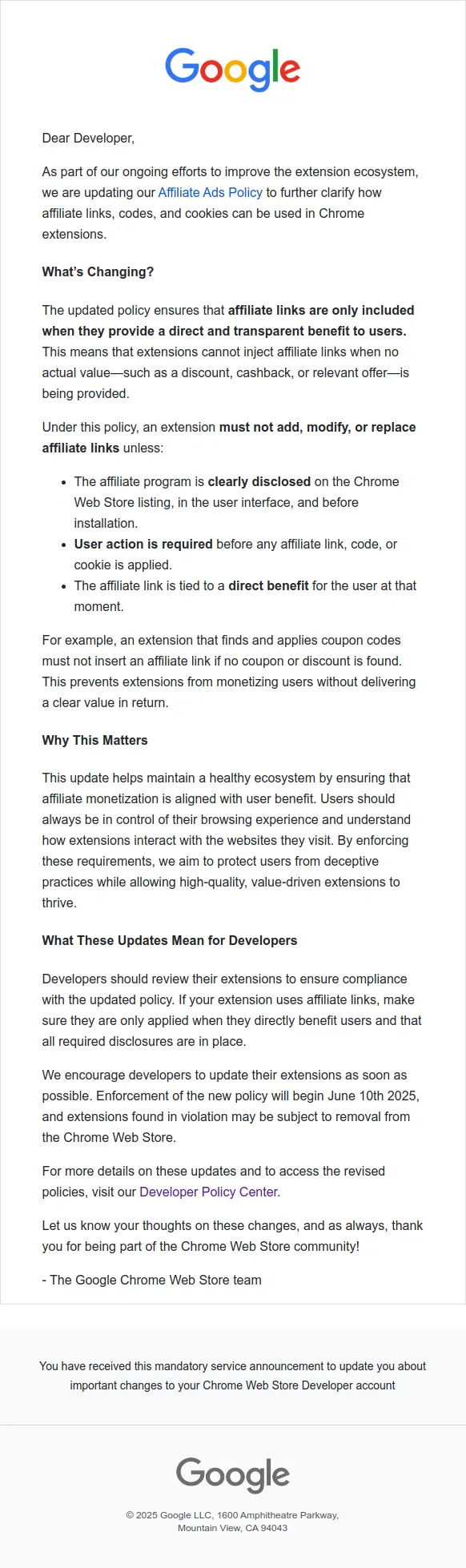 Google email to Chrome Web Store developers on its updated affiliate ads policy, enforced from June 10th 2025