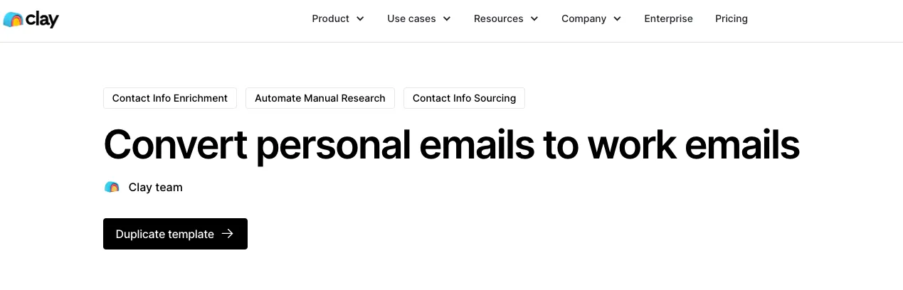 Clay template page for converting personal emails to work emails