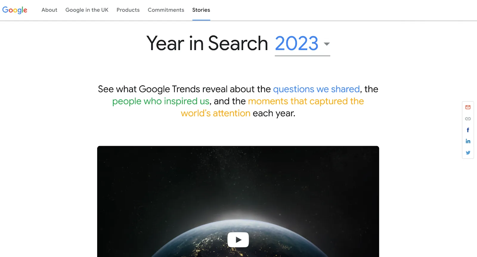 Google’s Year in Search 2023 page, which showcases real people’s questions and stories