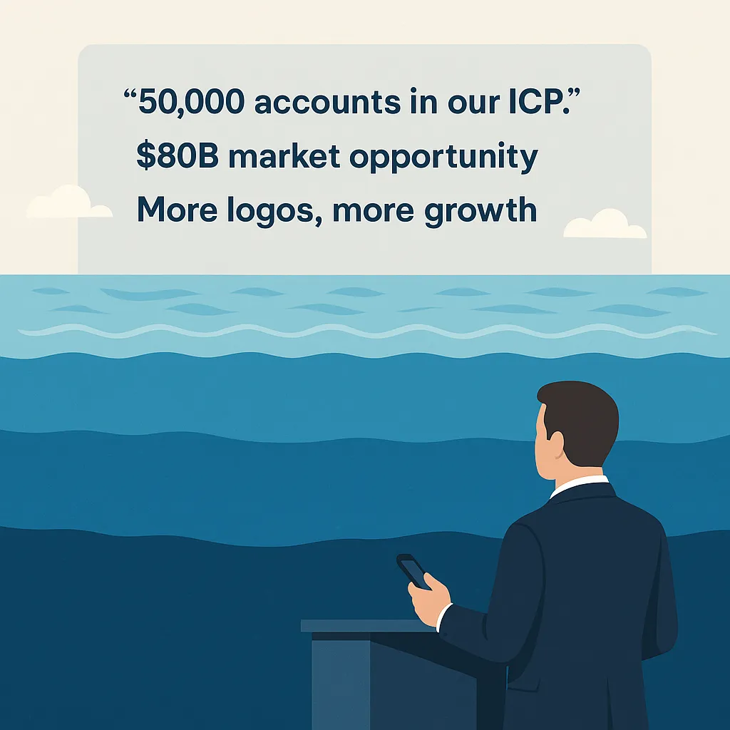 Illustration of an executive above the sea under claims of 50,000 ICP accounts, an $80B market and more logos, a market wide but shallow