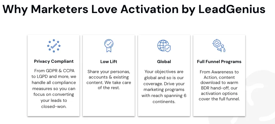 Why marketers love Activation by LeadGenius: privacy compliant, low lift, global coverage and full-funnel programs