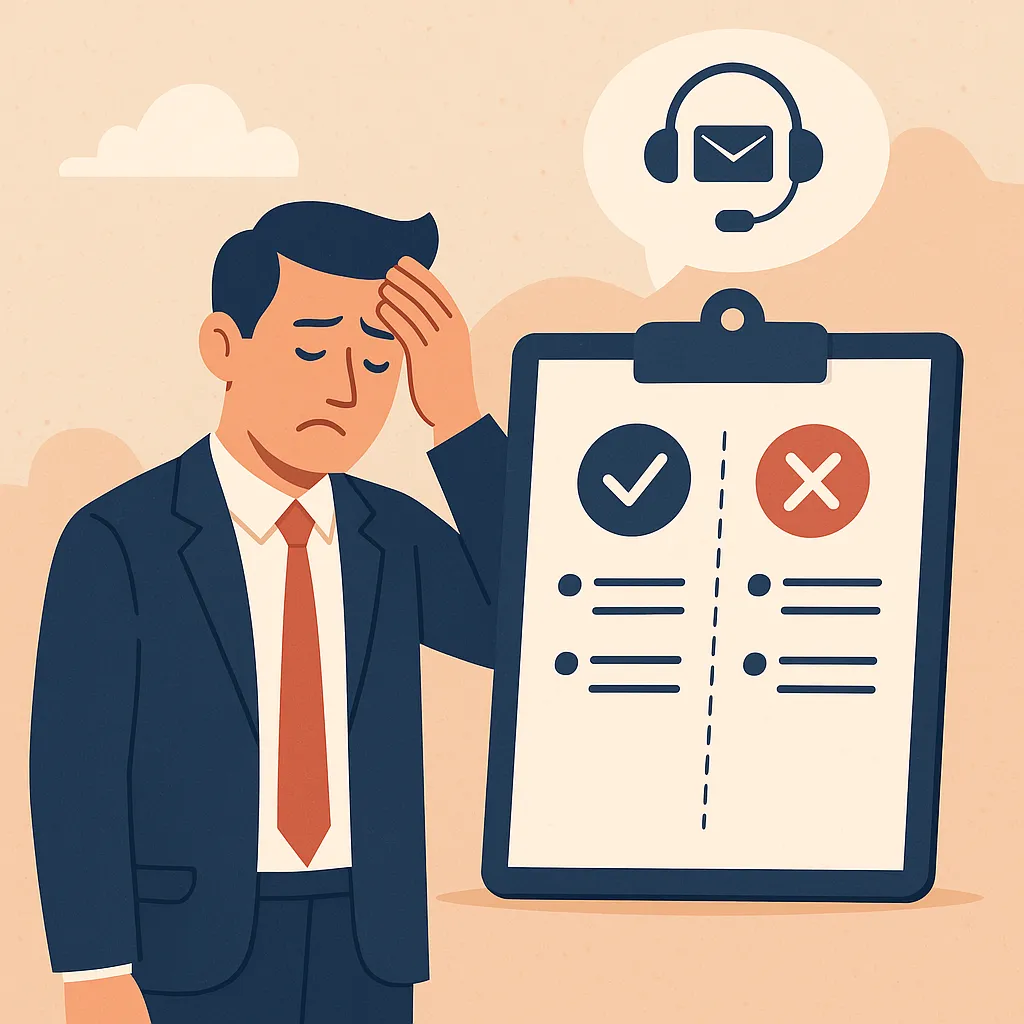 Frustrated businessman next to a clipboard of pros and cons for outsourcing SDRs