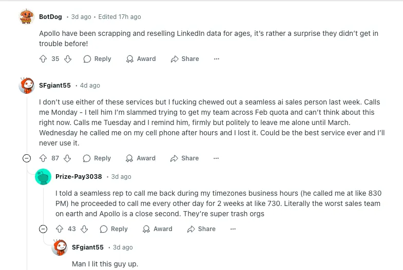 Reddit comments criticizing Apollo for scraping LinkedIn data and Seamless.AI reps for repeated unwanted calls