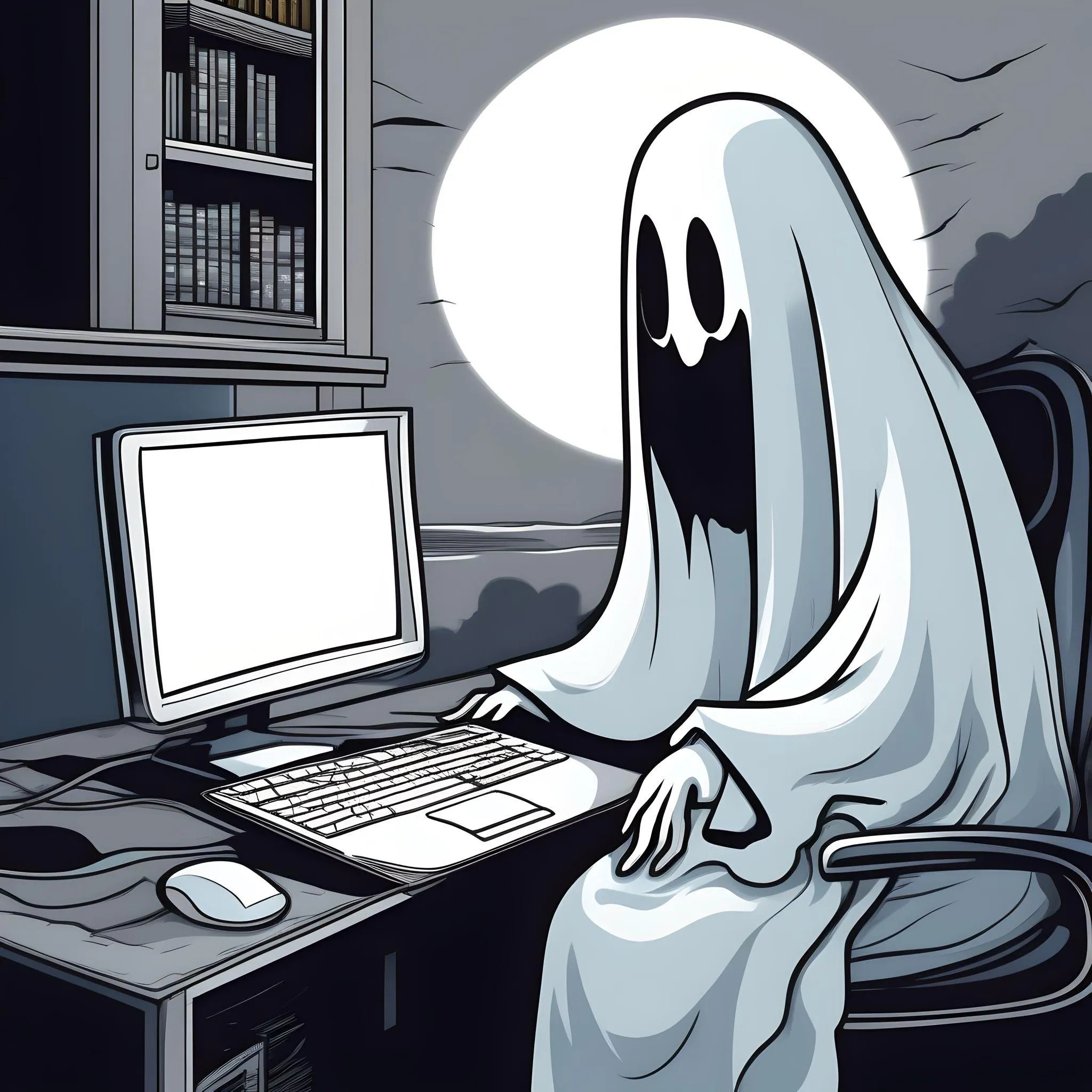 Cartoon ghost sitting at a computer, a symbol of ghost accounts in a CRM