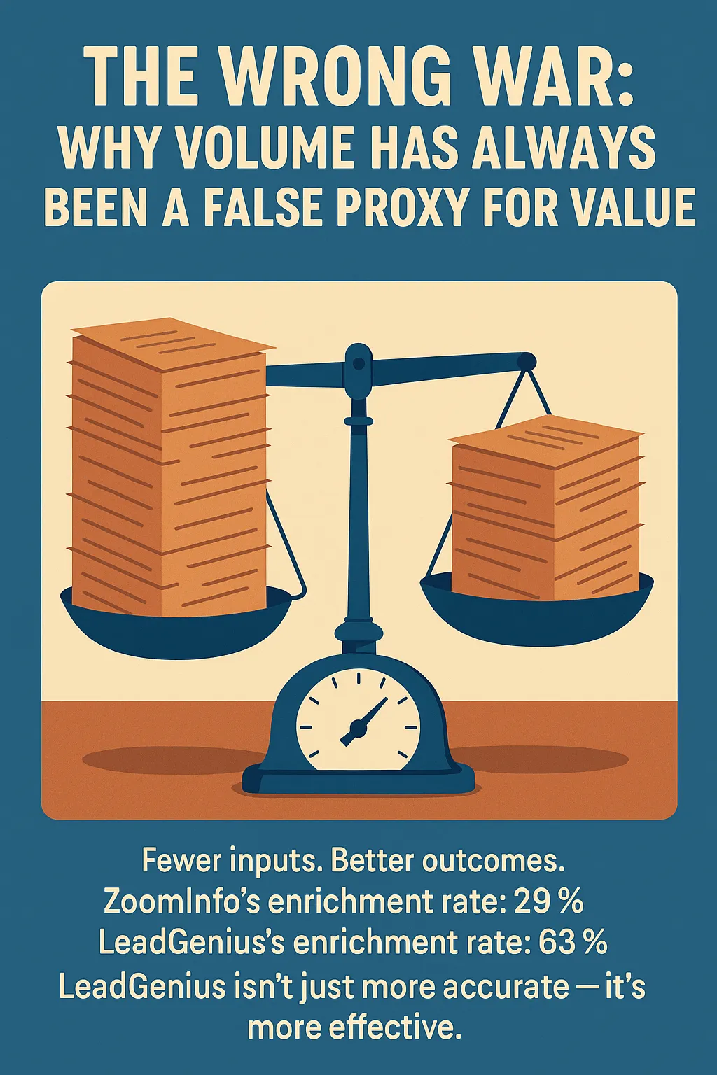 Scale weighing data stacks: ZoomInfo enrichment rate 29% vs LeadGenius 63%, fewer inputs and better outcomes