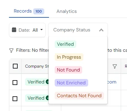 LeadGenius Company Status filter: Verified, In Progress, Not Found, Not Enriched, Contacts Not Found
