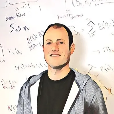 Portrait of Jared Flatow, VP of Engineering at Halliday, in front of a whiteboard of equations