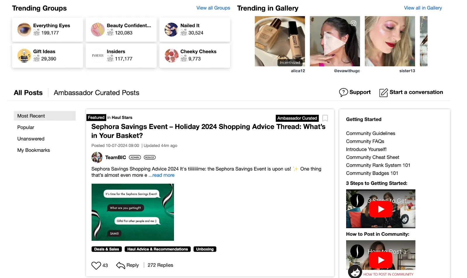 Screenshot of Sephora’s website showing what is trending and what brand events are underway