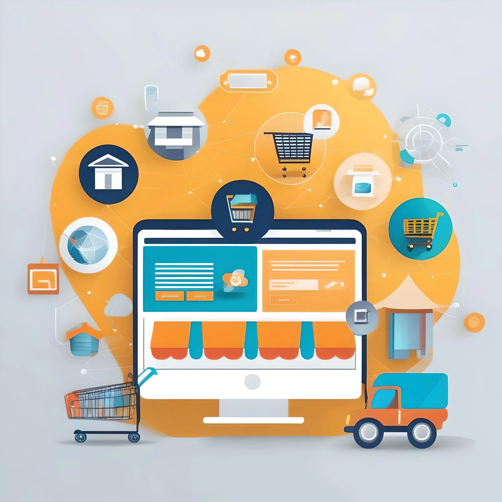 Illustration of an online store on a computer screen, with shopping carts, shop icons and a delivery truck