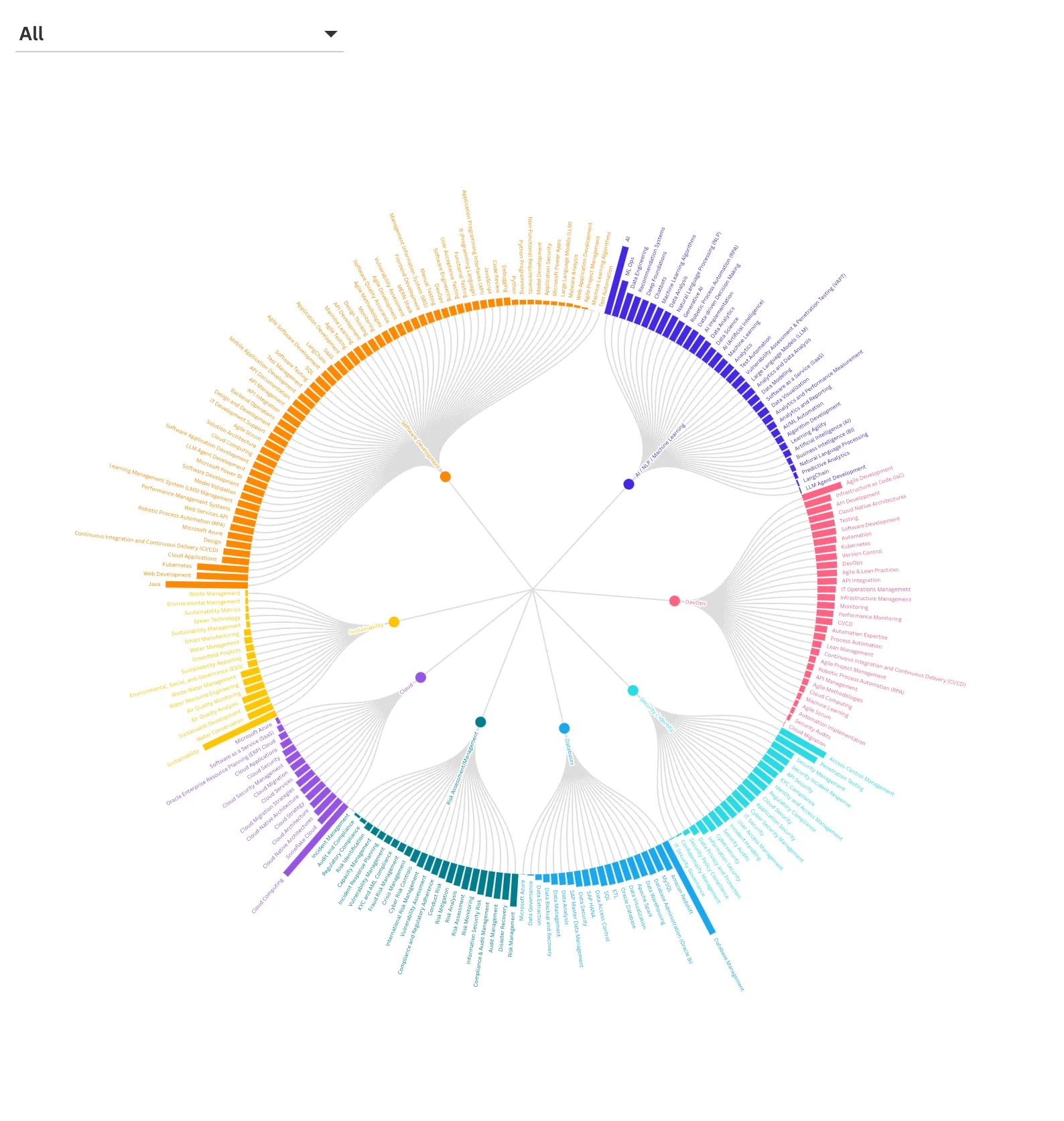 Radial chart of contact skill tags grouped by area: software development, AI, DevOps, security, databases, cloud and more