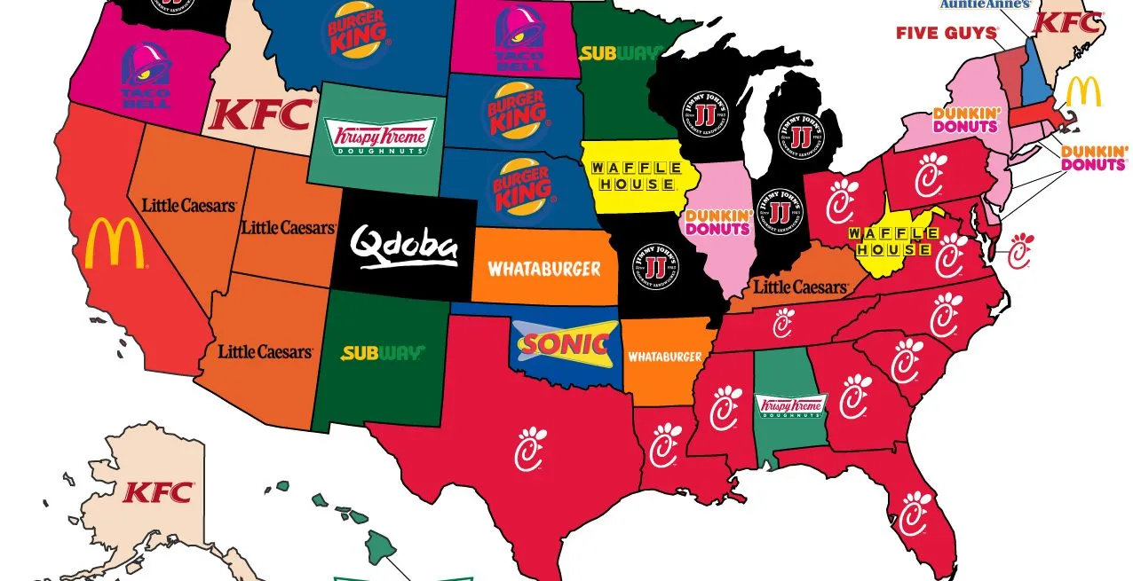 Map of the U.S. showing a fast-food franchise brand in each state, such as Chick-fil-A, Little Caesars and Burger King