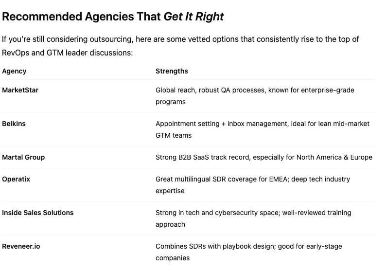 Table of recommended SDR agencies and their strengths: MarketStar, Belkins, Martal Group, Operatix, Inside Sales Solutions, Reveneer.io