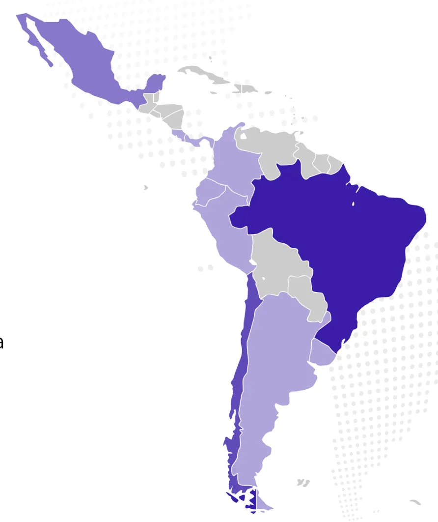 Map of Latin America with Brazil, Mexico, Chile, Argentina and other countries shaded by their data protection laws