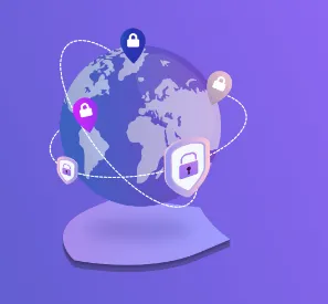 Globe with padlock pins and a shield, illustrating data protection and privacy compliance around the world