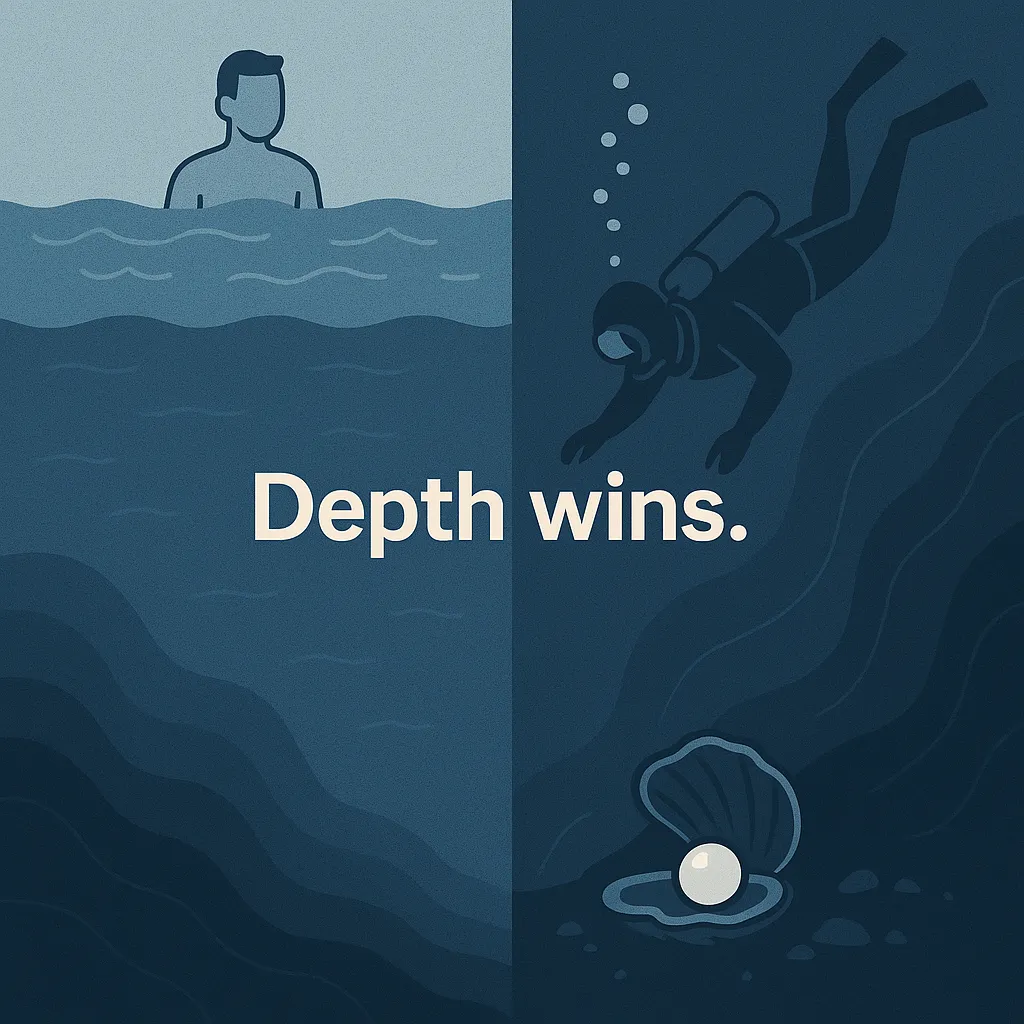 Illustration of a swimmer at the surface and a diver reaching a pearl on the seabed, with the words Depth wins
