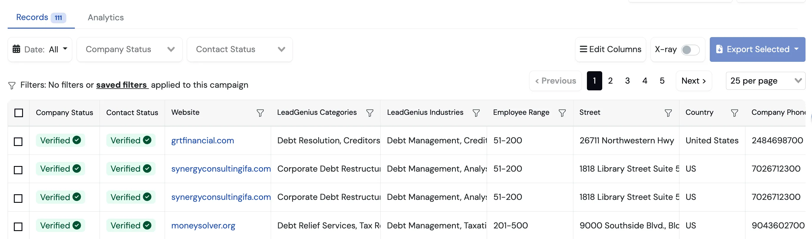 LeadGenius campaign records table with Company Status and Contact Status columns, all rows Verified