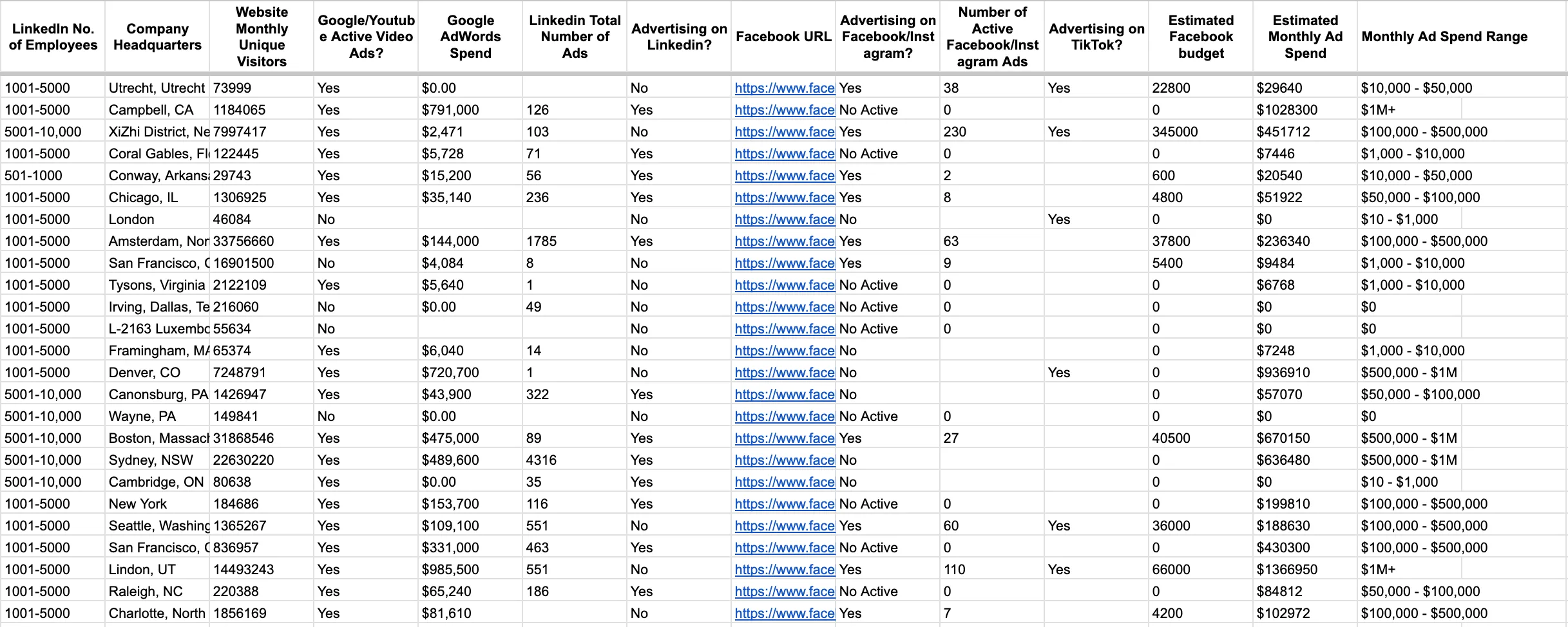 Sample ad spend data set: employees, HQ, web visitors, Google, LinkedIn, Facebook and TikTok ads, and monthly ad spend range