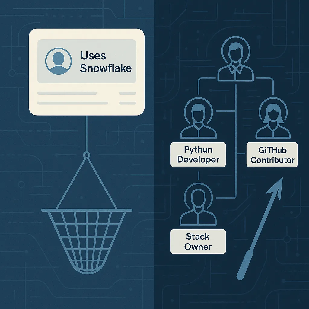 Illustration contrasting a net cast at accounts that use Snowflake with a harpoon aimed at named developers and stack owners