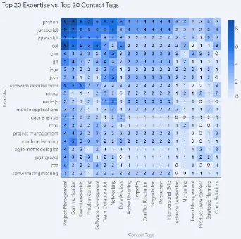 Heatmap of the Elite 20’s top 20 expertise areas vs top 20 contact tags, densest for Python, JavaScript, TypeScript and SQL