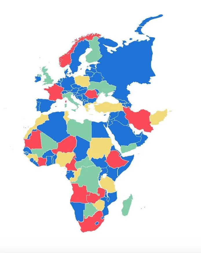 Map of Europe, the Middle East and Africa with countries in four colors, introducing EMEA data privacy laws