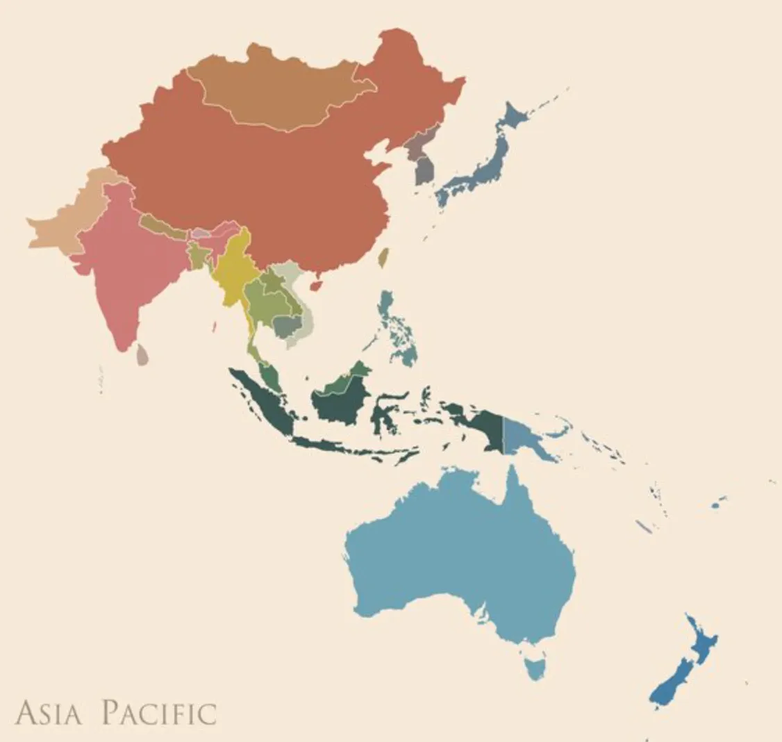 Map of the Asia Pacific region, including China, India, Japan, South Korea and Australia, shaded by country